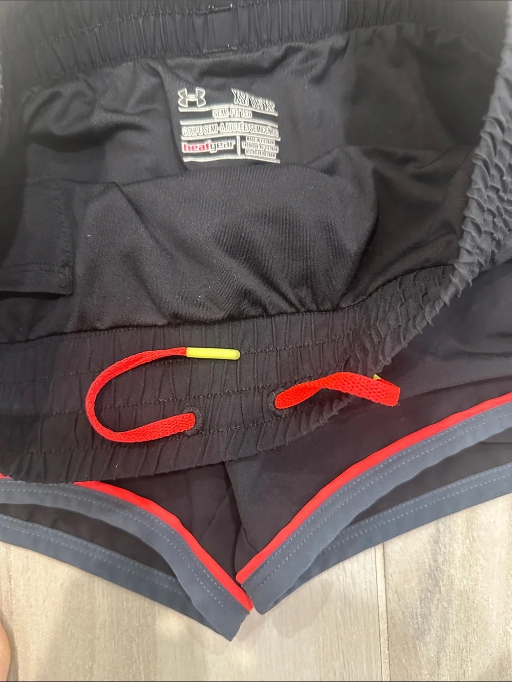 Under Armour XS Semi-Fitted Lined Black Women's Athletic Shorts with Neon Trim - Picture 3 of 6